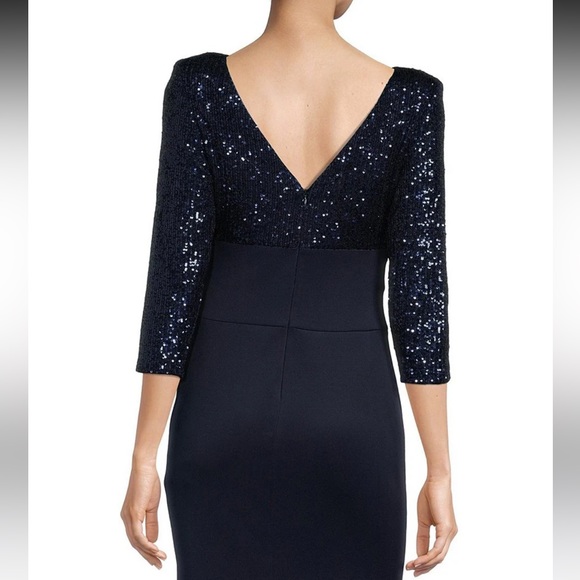 Eliza J 3/4 Sleeve Boat Neck Sequin Side Ruffle V-Back A-Line Gown - Picture 6 of 6